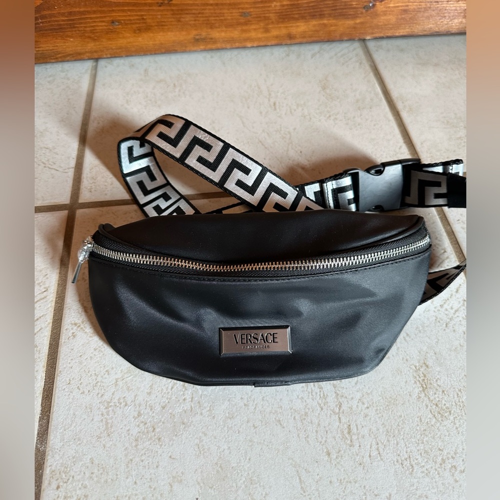 Versace Black Belt Bag with Silver Accents